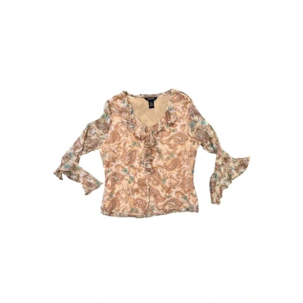 Vintage Y2K Ms Sioni 100% Silk Paisley Floral Bell Sleeve Blouse Boho - M
